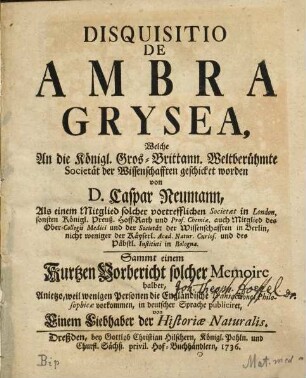 Disquisitio De Ambra Grysea