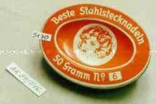 Blechdose für "Beste Stahlstecknadeln 50 Gramm No. 6"