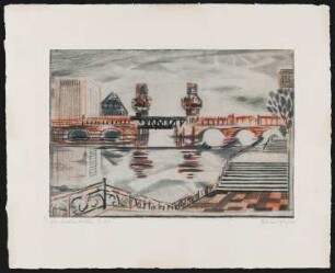 Kaltnadelradierung des Künstlers Erhard Groß, Titel: Oberbaumbrücke, Ed. 4/20, 1962