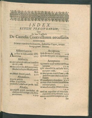 Index Rerum Praecipuarum, Quae In hoc Tractatu De Cautelis Contractuum necessariis continentur.