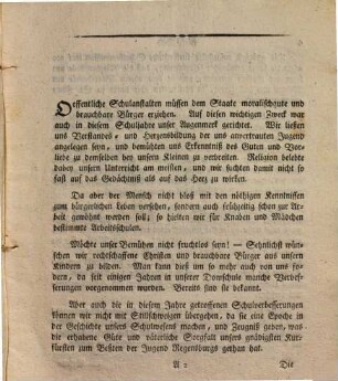 Zur öffentlichen Prüfung der Kurfürstlichen Domschule in Regensburg macht an alle verehrten Kinderfreunde und Eltern die geziemende Einladung Joseph Kuttenberger, Chorvikar und Schuldirektor