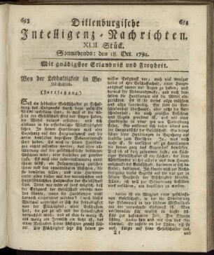 XLII. Stück. Sonnabends: den 18. Oct. 1794.
