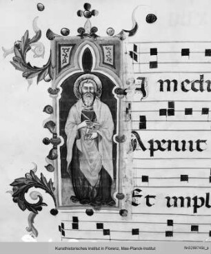 Graduale : Buchseite mit vierzeiligen Neumen, Text und Initiale mit Heiligem