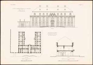 Altes Kammergericht, Berlin: Ansicht, Querschnitt, Grundriss (aus: Baukunst d. Barock u. Klassizismus in Deutschland, hrsg. v. Zeichenaussch. d. Stud. d. TH Berlin, 1875)
