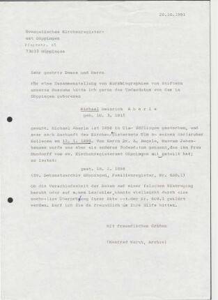 Brief Anfrage Todesdatum Aberle