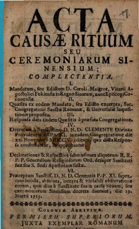 Acta causa rituum seu ceremoniarum Sinensium ...
