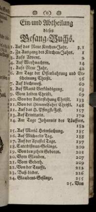 Ein- und Abtheilung dieses Gesang-Buchs.