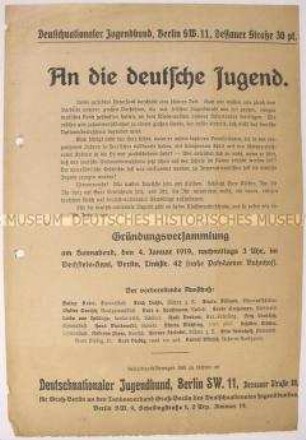 Gründungsaufruf des Deutschnationalen Jugendbundes in Berlin und Einladung zur Gründungsversammlung im Bechsteinsaal Berlin