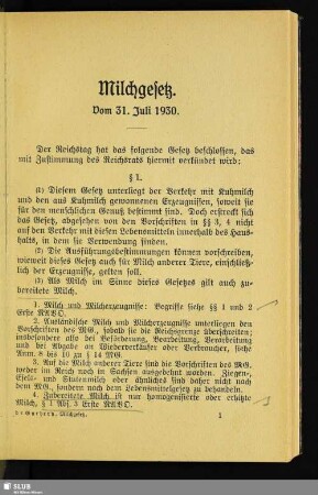 Milchgesetz : Vom 31. Juli 1930