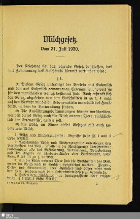 Milchgesetz : Vom 31. Juli 1930