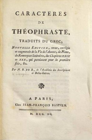Les Caractères de Theophraste : traduits du grec