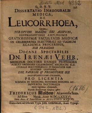 Dissertatio Inauguralis Medica, De Leucorrhoea