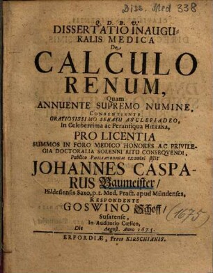 Dissertatio Inauguralis Medica De Calculo Renum