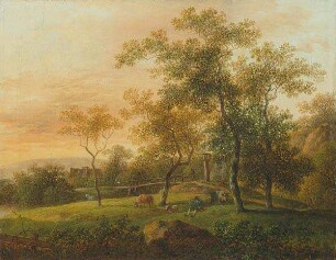 Landschaft mit Hirte, zwei Kühen und einer Ziege (Abendstimmung)