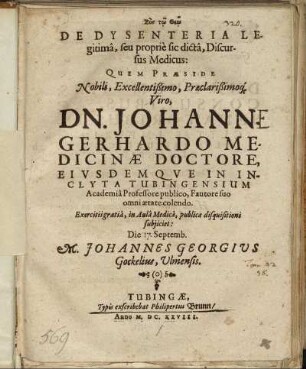 De Dysenteria Legitima, seu proprie sic dicta, Discursus Medicus