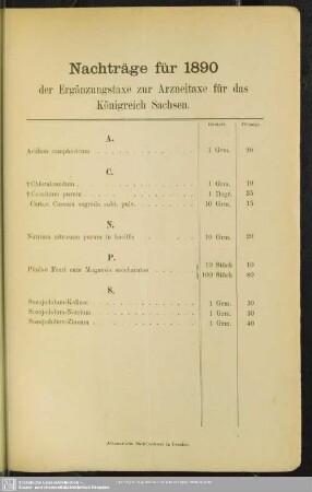 Nachträge für 1890 : der Ergänzungstaxe zur Arzneitaxe für das Königreich Sachsen