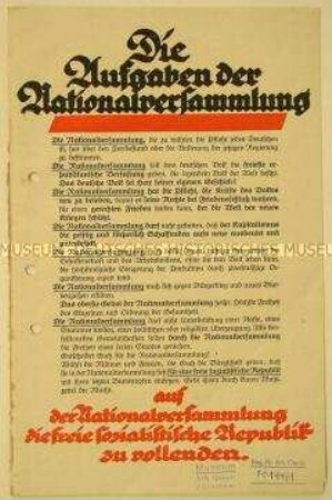Flugschrift mit Abdruck von Reden von Fritz Ebert, Otto Landsberg und Philipp Scheidemann über die Aufgaben der Nationalversammlung im Kampf der Sozialdemokratie für eine freie sozialistische Republik