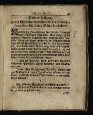 Dritter Anhang: Zu der Historischen Nachricht von den Berlinischen Garnison- Kirch- und Schulanstalten