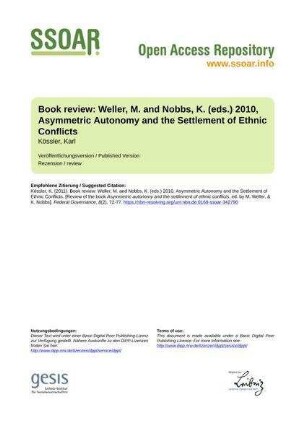 Book review: Weller, M. and Nobbs, K. (eds.) 2010, Asymmetric Autonomy and the Settlement of Ethnic Conflicts