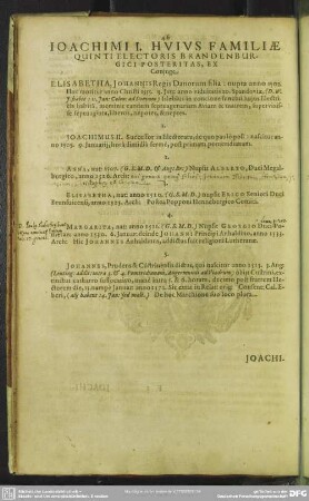 Joachimi I. Huius Familiae Quinti Electoris Brandenburgici Posteritas, Ex Coniuge ...