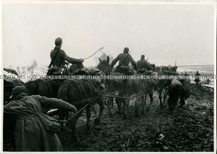 Wehrmachtssoldaten mit Pferdewagen im Schlamm an der Ostfront