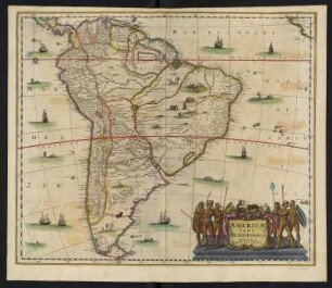 Karte von Südamerika, ca. 1:19 000 000, kolorierter Kupferstich, 1645 : Americae Pars Meridionalis. - [Ca. 1:19.000.000]. - Amstelodami//Amsterdam : Ioannes Ianssonius, [1645]. - 1 Kt : Kupferst ; 44 x 53 cm