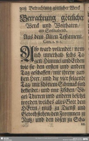 Betrachtung göttlicher Werck und Wolthaten, am Sonnabend