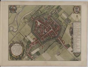 Vogelschauplan der Stadt Düren, kolorierter Kupferst., 1657 : Marcodvri Civitatis In Ducatv Iuliacensi, Negotiatione Inprimis Frvmentaria Nobilis Genvina Delineatio / Wenceslaus Hollar delineavit 1634. - [Ca. 1:3 500]. - [Amstelodami] : [Ioannes Ianssonius], [1657]. - 1 Kt. : Kupferst. ; 48,6 x 37,0 cm
