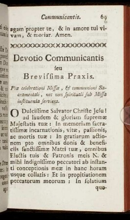 Devotio Communicantis seu Brevissima Praxis. - Devotio Sacerdotis, vel Laici, Missam Audientis.