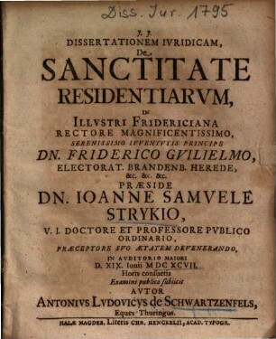 Dissertationem Ivridicam, De Sanctitate Residentiarvm