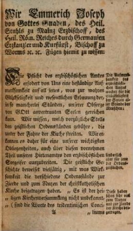 Seiner Kurfürstlichen Gnaden zu Mainz Verordnung, die Klöster der kurfürstlichen Lande betreffend