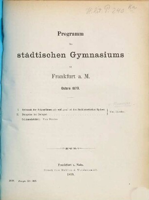 Programm des Städtischen Gymnasiums in Frankfurt a.M. : Ostern ..., 1878/79