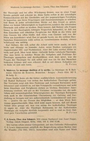 235 [Rezension] Malevez, Léopold, Le message chrétien et le mythe