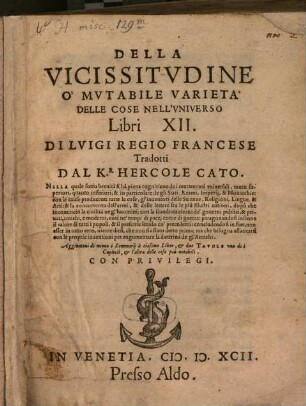Della Vicissitvdine O Mvtabile Varietà Delle Cose Nell'Vniverso Libri XII