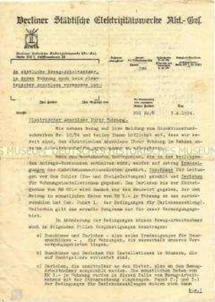 Rundschreiben der BEWAG an alle Wohnungsinhaber, die noch keinen Stromanschluss haben