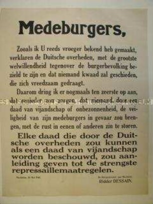Maueranschlag aus dem besetzten Belgien mit dem Anruf an die Bevölkerung, Ruhe und Ordnung zu bewahren