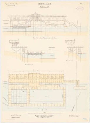 Kadettenanstalt der Garnison, Naumburg/Saale: Flussbadeanstalt: Grundriss, Längsschnitt, Querschnitt 1:100