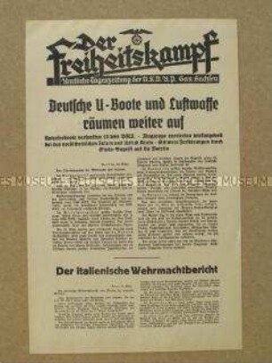 Nachrichtenblatt der Tageszeitung der NSDAP Sachsen "Der Freiheitskampf" über deutsche Luftangriffe auf Schottland und Kreta