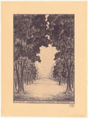 Erweiterungsplanung Volkspark Jungfernheide (Nordostteil), Berlin-Wedding: Perspektivische Ansicht mit Blick in die Mittelachse nach Süden, Stempel