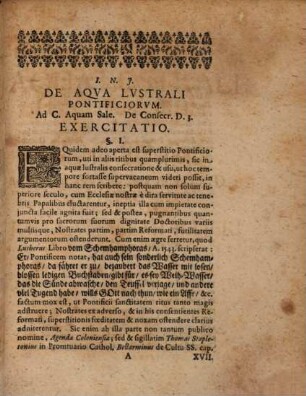 Dissertatio Historico-Theologica De Aqua Lustrali Pontificiorum, vom Weih-Wasser : ad C. Aquam Sale. de Consecrat. D. 3