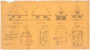Sommerwohnhaus, Nesselwang: 4 Ansichten, 3 Grundrisse, Querschnitt 1:100