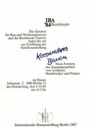 Einladungskarte: Kooperatives Bauen, Sonderausstellung zum IBA-Berichtsjahr 1984