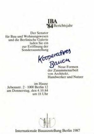 Einladungskarte: Kooperatives Bauen,               Sonderausstellung zum IBA-Berichtsjahr 1984