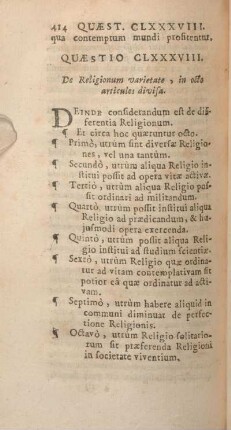 Quaestio CLXXXVIII. De Religionum varietate, in octo articulos divisa.