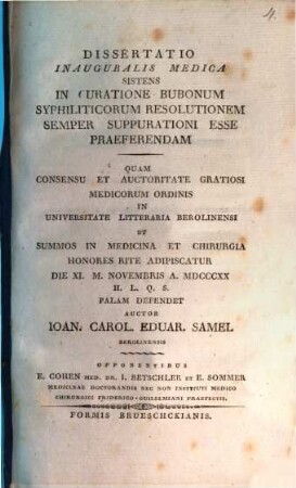 Dissertatio inauguralis medica sistens in curatione bubonum syphiliticorum resolutionem semper suppurationi esse praeferendam