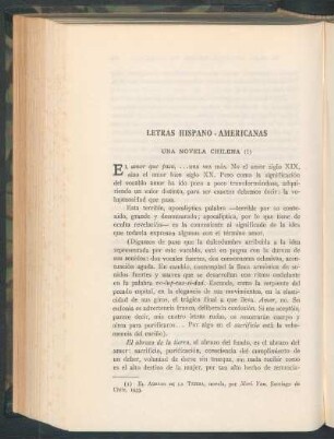 Letras hispanoamericanas : Una novela chilena