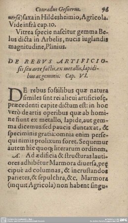 DE REBUS ARTIFICIOSIS seu arte factis, ex metallis, lapidibus ac gemmis. Cap. VI.