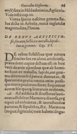 DE REBUS ARTIFICIOSIS seu arte factis, ex metallis, lapidibus ac gemmis. Cap. VI.