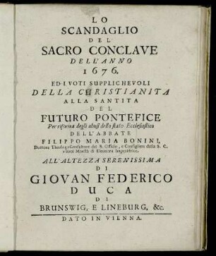 Lo Scandaglio Del Sacro Conclave Dell' Anno 1676
