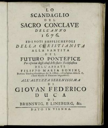 Lo Scandaglio Del Sacro Conclave Dell' Anno 1676